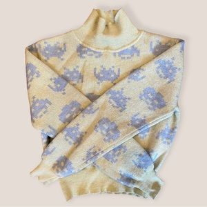 Zara Medium Pastel Green & Blue 8 Bit Space Invaders Cropped Turtleneck Sweater